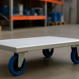 Industrijski voziček z modrimi kolesi in aluminijasto platformo v skladiščnem okolju, z ozadjem regalov, kartonskih škatel in betonskega tal.