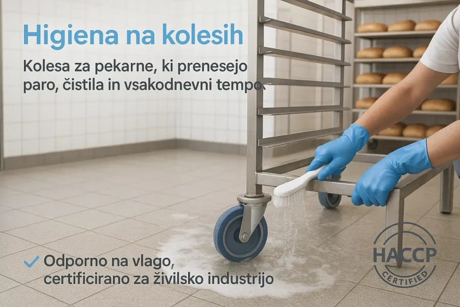 Čista pekarna z vozičkom iz nerjavečega jekla, ki ga delavec čisti s pršilko. V ospredju sta industrijski kolesi, odporni na vlago in čistila, z vidnim HACCP logotipom.