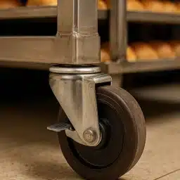 Industrijsko kolo z zavoro na vozičku iz nerjavečega jekla v pekarni s pladnji kruha.