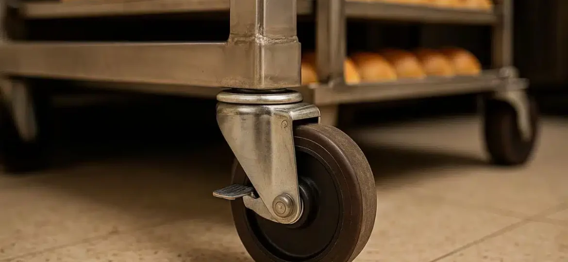 Industrijsko kolo z zavoro na vozičku iz nerjavečega jekla v pekarni s pladnji kruha.