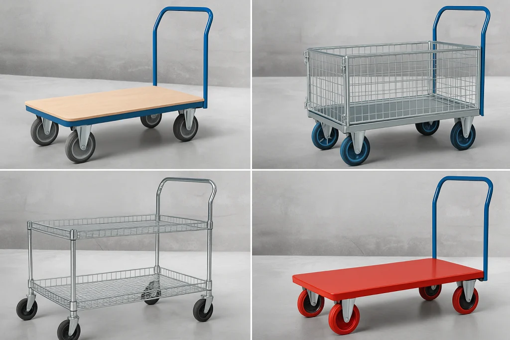Štiri različni transportni vozički s štirimi enakimi industrijskimi kolesi – leseni, kovinski in mrežasti vozički z modrimi, sivimi, črnimi in rdečimi kolesi, postavljeni na betonski podlagi v industrijskem okolju.
