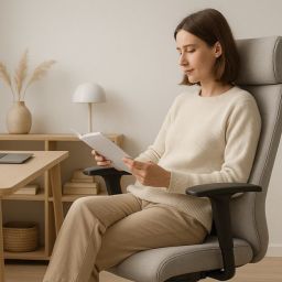 Realistična fotografija domače pisarne z ergonomsko pisarniško opremo; ženska udobno sedi na modernem stolu z visokim naslonjalom in naslonjali za roke – idealna izbira za dolgotrajno sedenje in produktivno delo od doma.