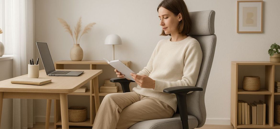Realistična fotografija domače pisarne z ergonomsko pisarniško opremo; ženska udobno sedi na modernem stolu z visokim naslonjalom in naslonjali za roke – idealna izbira za dolgotrajno sedenje in produktivno delo od doma.