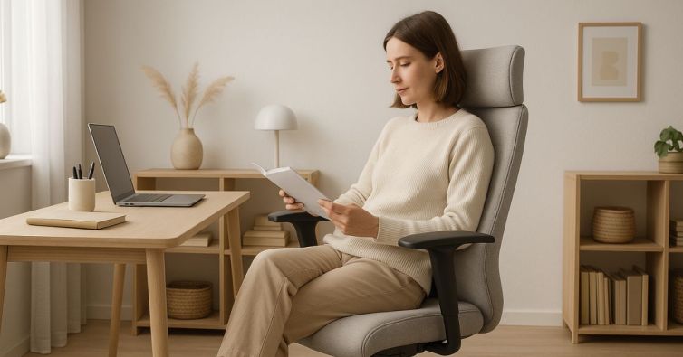 Realistična fotografija domače pisarne z ergonomsko pisarniško opremo; ženska udobno sedi na modernem stolu z visokim naslonjalom in naslonjali za roke – idealna izbira za dolgotrajno sedenje in produktivno delo od doma.