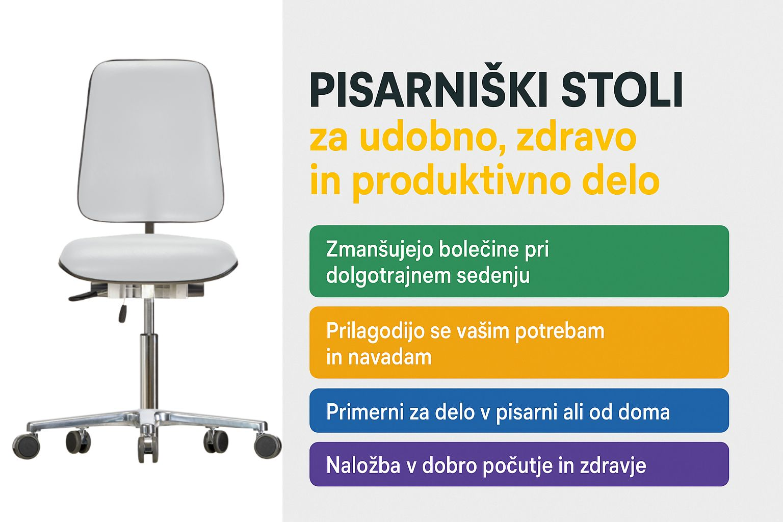 Infografika o prednostih, ki jih ponujajo pisarniški stoli za udobno, zdravo in produktivno delo