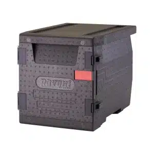 Front-loader termo zabojnik Pavoni iz EPP materiala za transport toplih in hladnih jedi. Prikazan model z ergonomskim ročajem, zapiralnim pokrovom in vrati, ki se odpirajo do 270°.