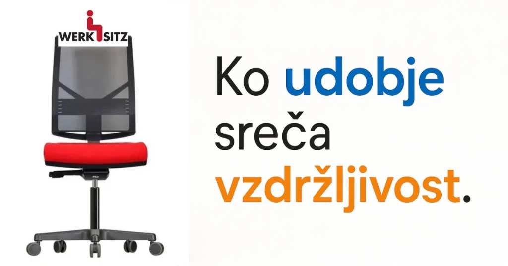 Oglaševalska grafika z ergonomskim stolom Werksitz CLASSIC in sloganom "Ko udobje sreča vzdržljivost." na belem ozadju.