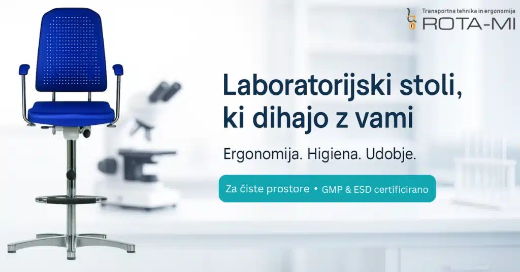 Moder ergonomski laboratorijski stol z naslonjali za roke in kromiranim podnožjem