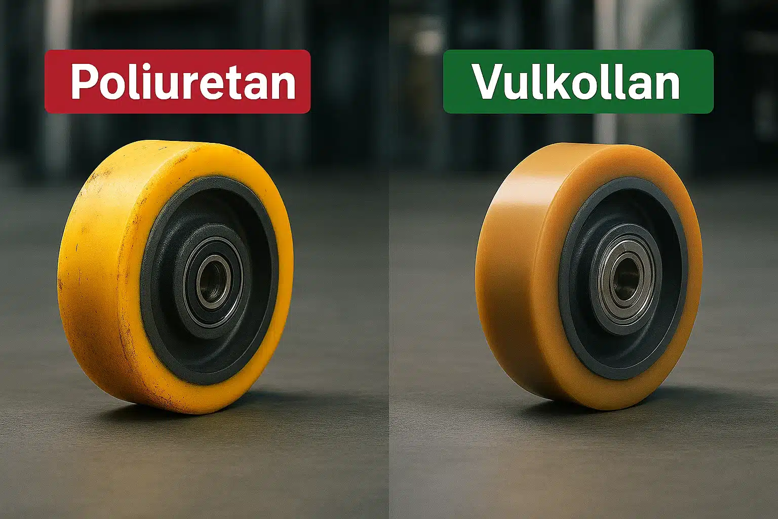 Industrijski deli iz materiala Vulkollan v različnih oblikah na oranžno-rumenem ozadju