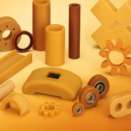 Industrijski deli iz materiala Vulkollan v različnih oblikah na oranžno-rumenem ozadju