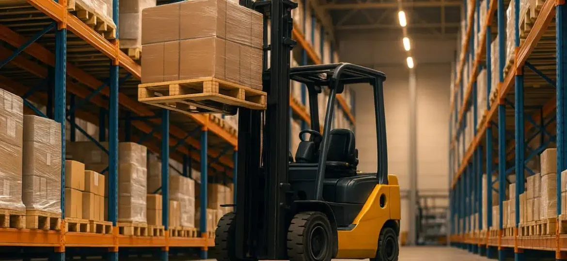 Industrijski viličar med nakladanjem palete v sodobnem skladišču z visokimi regali.