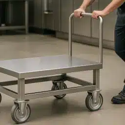 Industrijski delavec potiska voziček z enakimi kolesi iz nerjavečega jekla AISI 304 v sodobnem proizvodnem obratu.