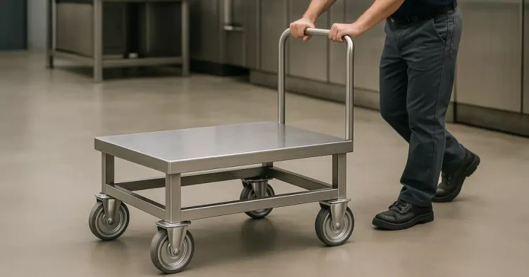 Industrijski delavec potiska voziček z enakimi kolesi iz nerjavečega jekla AISI 304 v sodobnem proizvodnem obratu.