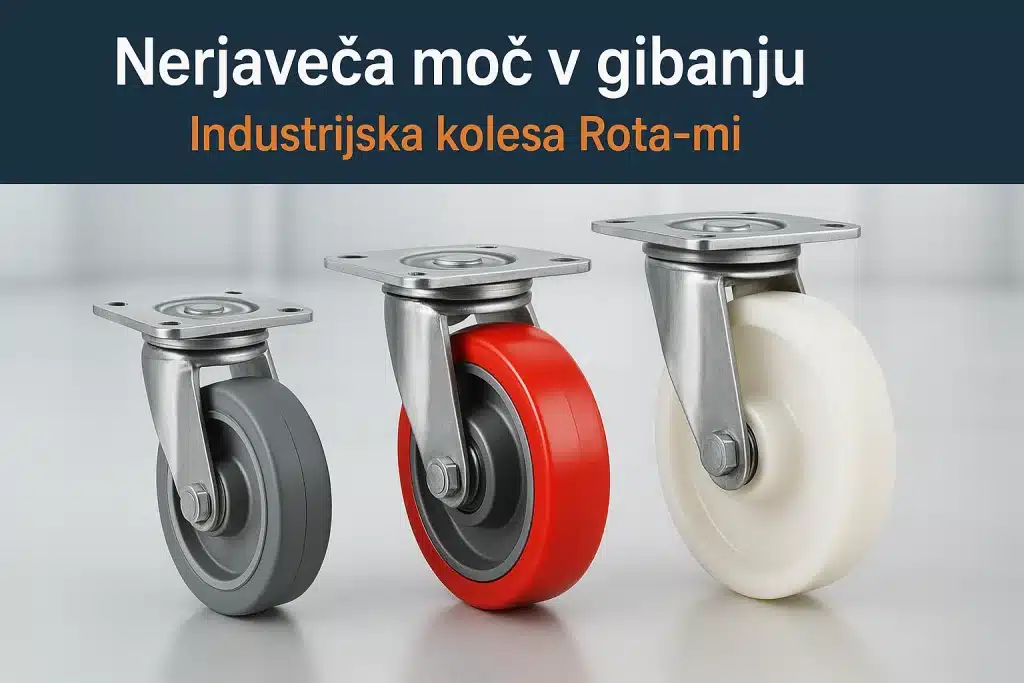 Tri industrijska kolesa iz nerjavečega jekla AISI 304 z oblogami iz sive gume, rdečega poliuretana in belega poliamida, z napisom Nerjaveča moč v gibanju – industrijska kolesa Rota-mi.