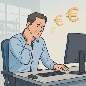 Moški sedi za pisalno mizo v pisarni, z roko drži vrat zaradi bolečin, medtem ko nad njim lebdijo simboli evra – prikaz izgube zaradi slabe ergonomije na delovnem mestu.