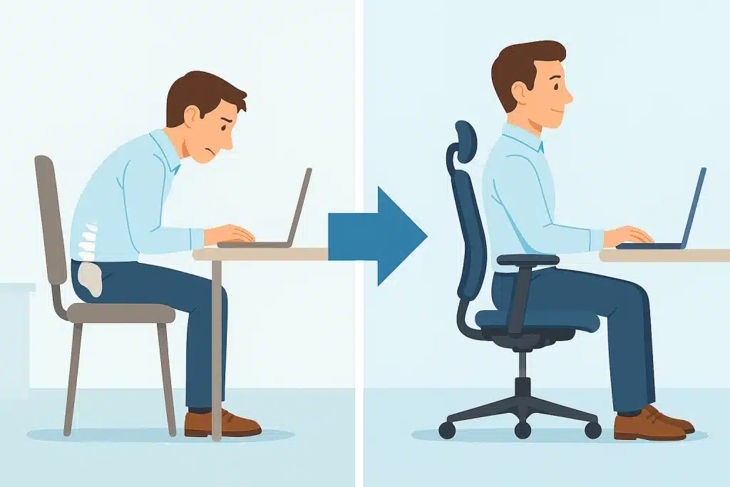 Primerjava dveh načinov sedenja: na levi moški sedi sključen na navadnem stolu, na desni pa isti moški sedi vzravnano na ergonomskem stolu, kar ponazarja pravilno držo pri delu.