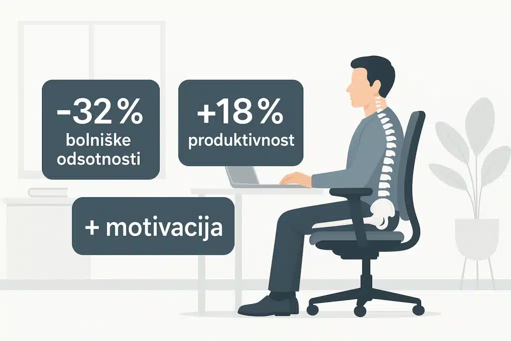 Infografika prikazuje pozitivne učinke, ki jih prinaša ergonomija na delovnem mestu – manj bolniških odsotnosti, večjo produktivnost in večjo motivacijo zaposlenih.