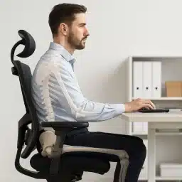 Moški sedi na ergonomskem stolu v sodobni pisarni z ravno držo, skozi njegovo telo je prikazana prosojna hrbtenica in kolčni del okostja, ki ponazarjata pravilno poravnavo pri sedenju.