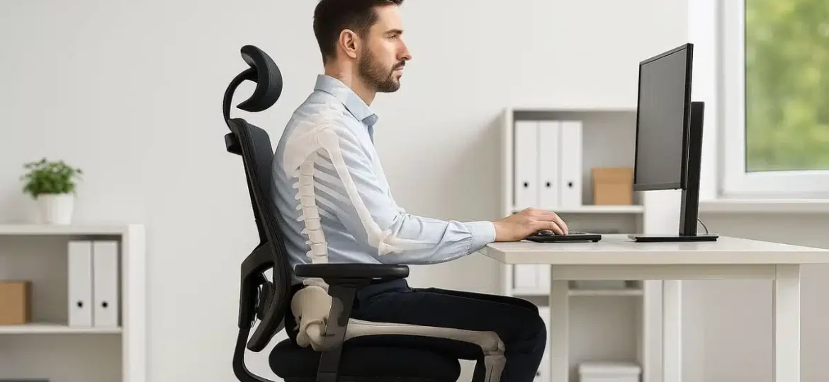 Moški sedi na ergonomskem stolu v sodobni pisarni z ravno držo, skozi njegovo telo je prikazana prosojna hrbtenica in kolčni del okostja, ki ponazarjata pravilno poravnavo pri sedenju.