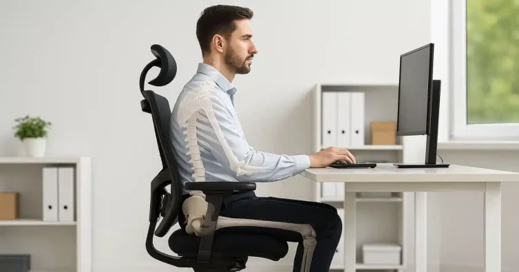 Moški sedi na ergonomskem stolu v sodobni pisarni z ravno držo, skozi njegovo telo je prikazana prosojna hrbtenica in kolčni del okostja, ki ponazarjata pravilno poravnavo pri sedenju.