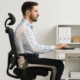 Moški sedi na ergonomskem stolu v sodobni pisarni z ravno držo, skozi njegovo telo je prikazana prosojna hrbtenica in kolčni del okostja, ki ponazarjata pravilno poravnavo pri sedenju.