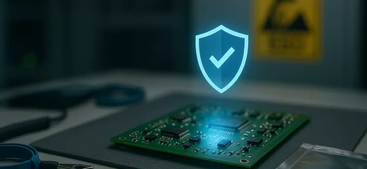 ESD delovno mesto z zaščiteno PCB ploščico, antistatično zapestnico in ESD opozorilom