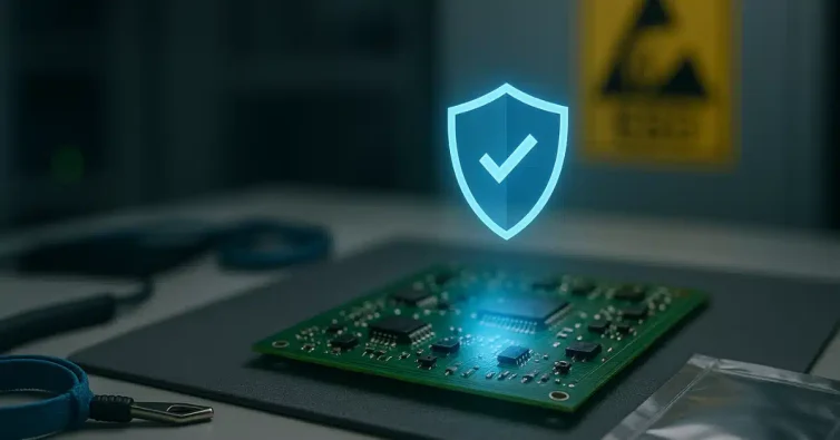 ESD delovno mesto z zaščiteno PCB ploščico, antistatično zapestnico in ESD opozorilom