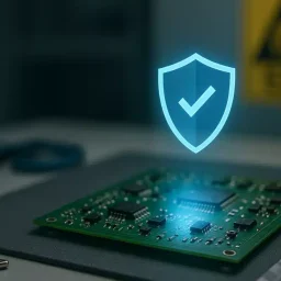 ESD delovno mesto z zaščiteno PCB ploščico, antistatično zapestnico in ESD opozorilom