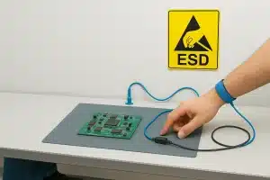 esd-zascita-delovno-mesto-elektronske-komponente Roka z ESD zapestnico na antistatični podlogi z elektronskim vezjem na varnem ESD delovnem mestu