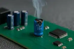 skurjen-kondenzator-elektronske-komponente Skurjen kondenzator na tiskanem vezju z dimom, primer poškodovane elektronske komponente