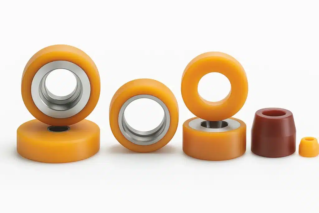 Različni Vulkollan profili in obroči v industrijski izvedbi, prikaz materiala za kolesa za splošne namene.