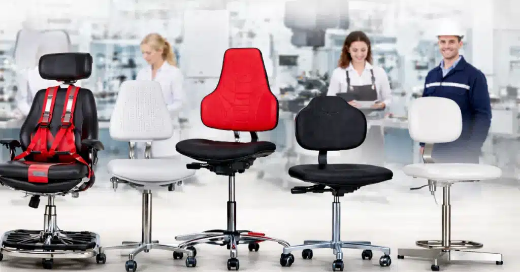 Pet ergonomskih delovnih stolov WERKSITZ v sodobnem industrijskem in laboratorijskem okolju