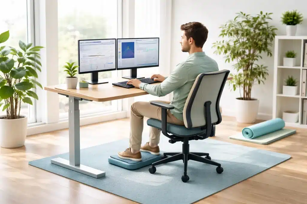 ergonomsko-delovno-mesto-mentalno-zdravje-accordion Moški sedi na ergonomskem stolu pri nastavljivi mizi, sproščena drža in svetlo delovno okolje, poudarek na mentalnem zdravju pri delu