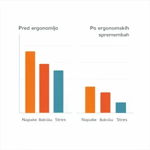 graf-napake-bolniska-stres-pred-in-po-ergonomiji Stolpčni graf, ki prikazuje napake, bolniško in stres pred ergonomijo in po ergonomskih spremembah