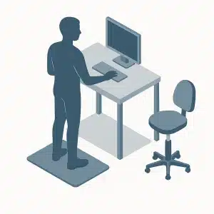 kljucni-elementi-ergonomskega-stojec-delovnega-mesta Ergonomsko stoječe delovno mesto z delavcem na podlogi, prilagodljivim stolom in pravilno višino zaslona.