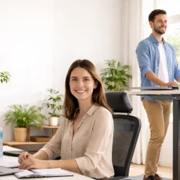 Svetlo ergonomsko delovno mesto z nasmejano sodelavko in sodelavcem za stoječo mizo, fokus je mentalno zdravju pri delu