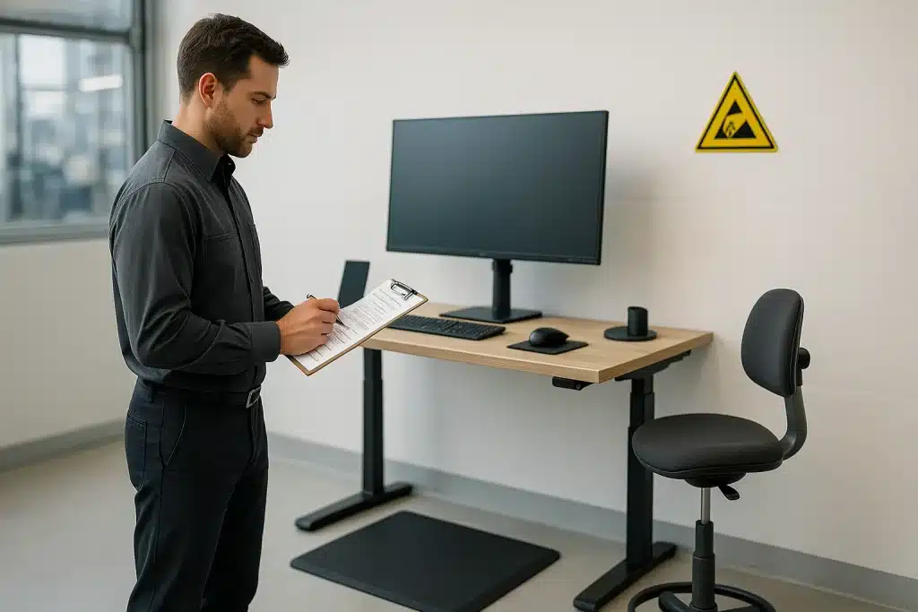 prikazna-slika-ergonomske-resitve-esd-zascita Moderni industrijski delovni prostor z ergonomskim stojnim mestom in ESD zaščito.