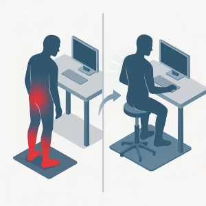 primerjava-ergonomsko-delovno-mesto-stoje Primerjava običajnega in ergonomskega stoječega delovnega mesta z vidnimi razlikami v drži in udobju.