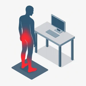 telo-obremenitev-dolgotrajna-stoja-ergonomske-resitve Silhueta delavca pri stoječem delu z obremenitvijo v nogah in križu, brez ergonomskih rešitev.