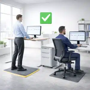ergonomija-ureditev-3 (1) ergonomsko urejeno pisarniško delovno mesto z nastavljivo mizo, stolom in podlogo