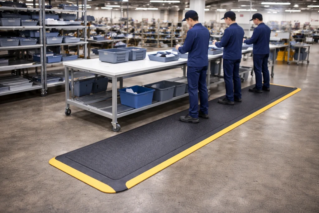 ergonomske-podloge-delovna-linija-horizontalna Ergonomske podloge za stanje v industrijskem okolju, na katerih stojijo delavci.