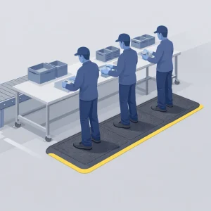 ergonomske-podloge-stojeca-delovna-linija-ilustracija Ergonomske podloge za stanje, na katerih stojijo delavci na delovni liniji v industrijskem okolju.