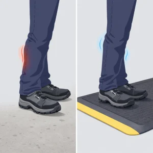 pred-in-po-ergonomska-podloga-ilustracija Primerjava stoječega dela na betonskih tleh in na ergonomski podlogi v ilustrirani obliki