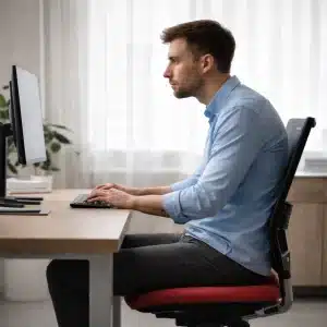 ergonomske-napake-2 Ergonomske napake - rahlo sključena drža pri delu za računalnikom, glava pomaknjena naprej in roke na tipkovnici.