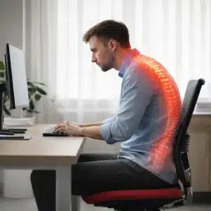 ergonomske-napake-3 Sključena drža pri delu za računalnikom, glava pomaknjena naprej in roke na tipkovnici.