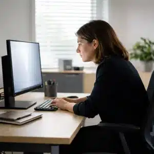 osvetlitev-pisarne-blescanje osvetlitev pisarniških prostorov – bleščanje naravne svetlobe na zaslonu povzroča naprezanje oči in prilagajanje drže