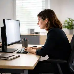 osvetlitev-pisarne-uravnotezena Uravnotežena kombinacija naravne in umetne svetlobe v sodobni pisarni brez bleščanja na zaslonu.