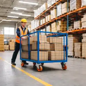 premikanje-tovora-slika-1 Skladiščni delavec potiska voziček s škatlami na industrijskih kolesih v sodobnem skladišču.