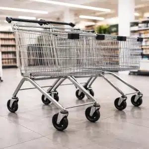 premikanje-tovora-slika-3 Premikanje tovora v trgovini z nakupovalnimi vozički na črnih kolesih v sodobnem prodajnem prostoru.