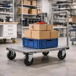 Platformski voziček s paketi v urejenem skladiščnem prostoru z delovno opremo v ozadju.